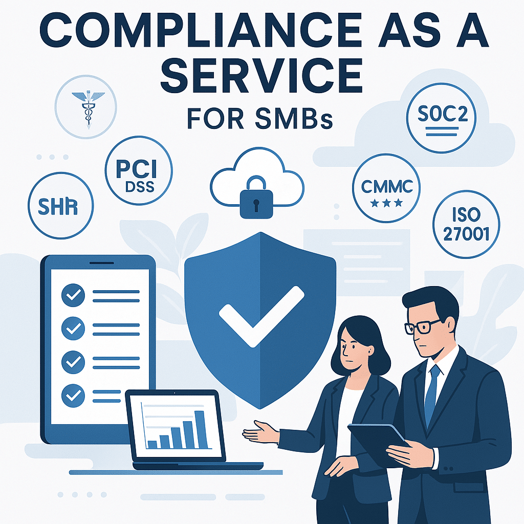 A modern, professional illustration representing 'Compliance as a Service' for small and mid-sized businesses