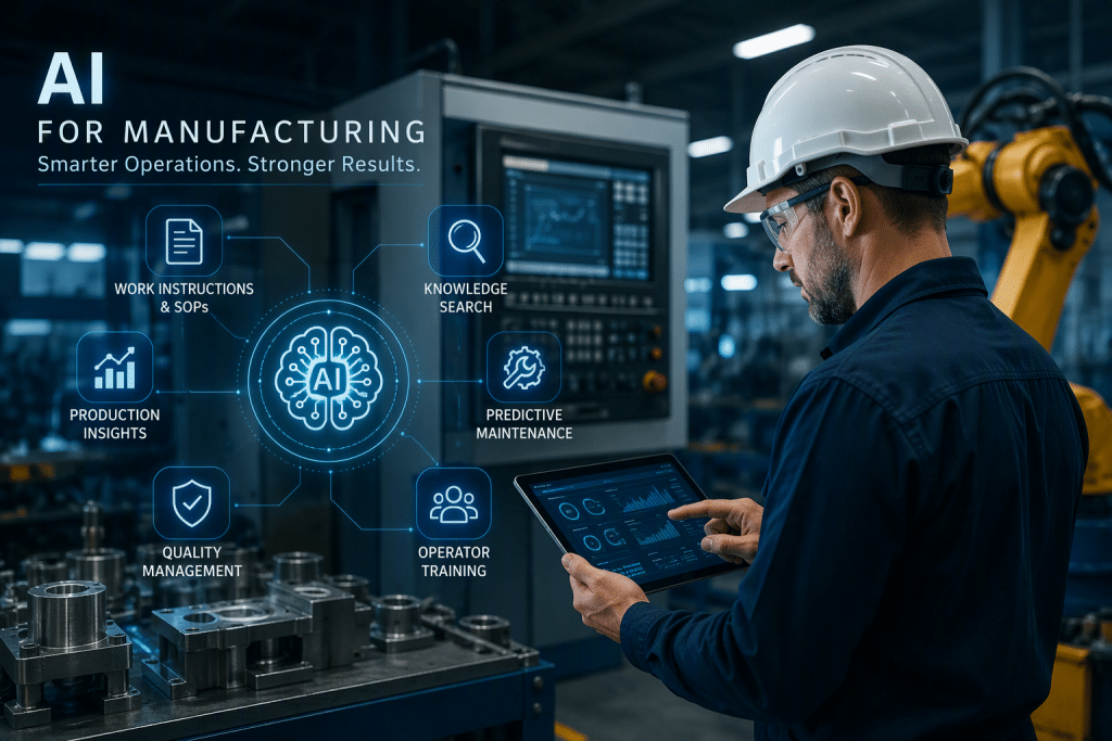 Manufacturing employee using AI technology for production insights, predictive maintenance, quality management, operator training, and knowledge management.
