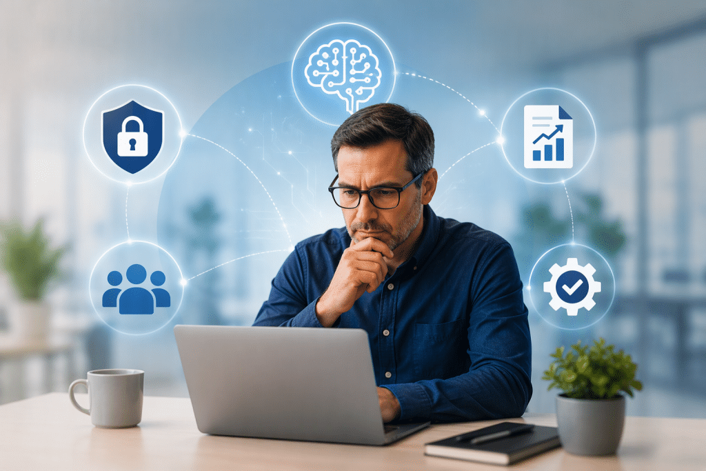 Small business AI strategy visual showing security, governance, team adoption, and business growth.